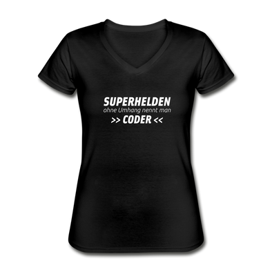 Frauen-T-Shirt mit V-Ausschnitt: Superhelden ohne Umhang nennt man Coder - Schwarz
