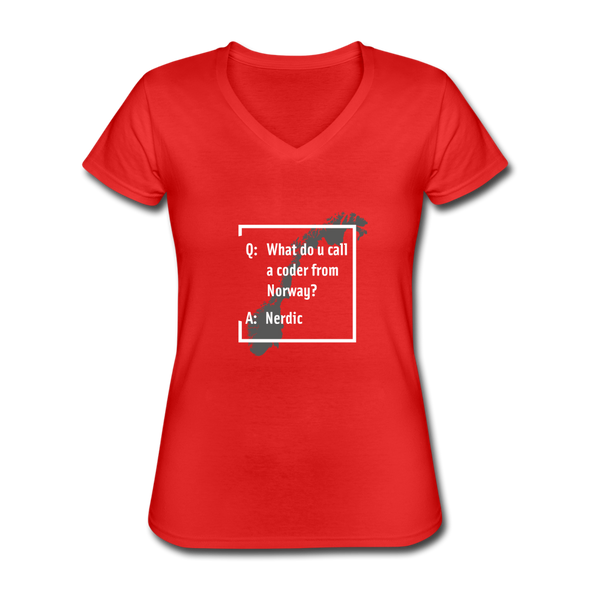 Frauen-T-Shirt mit V-Ausschnitt: A coder from norway – Nerdic - Rot