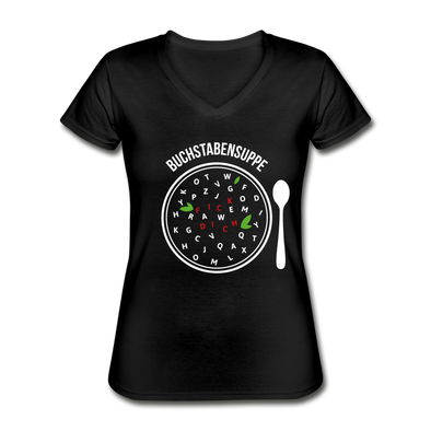 Frauen-T-Shirt mit V-Ausschnitt: Buchstabensuppe Fick Dich - Schwarz