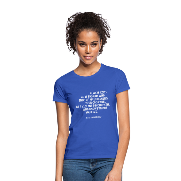 Frauen T-Shirt: Always code as if the guy who ends up maintaining … - Royalblau