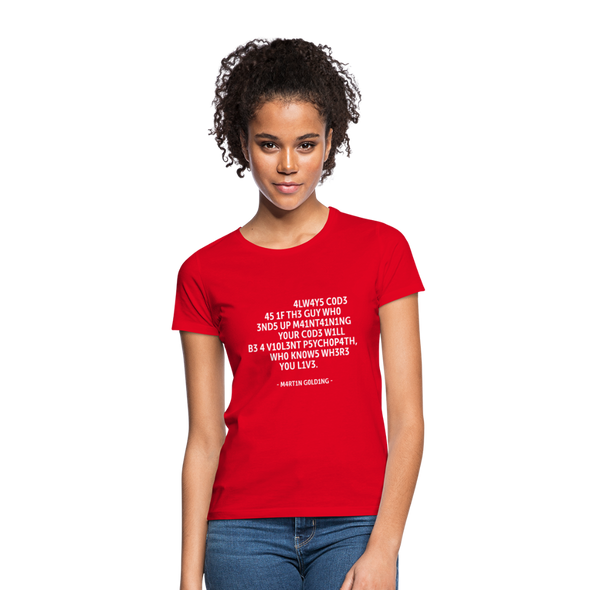Frauen T-Shirt: Always code as if the guy who ends up maintaining … - Rot