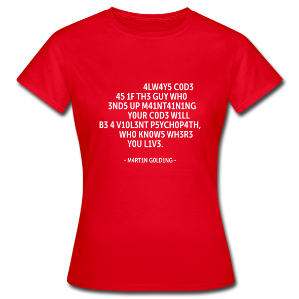 Frauen T-Shirt: Always code as if the guy who ends up maintaining … - Rot