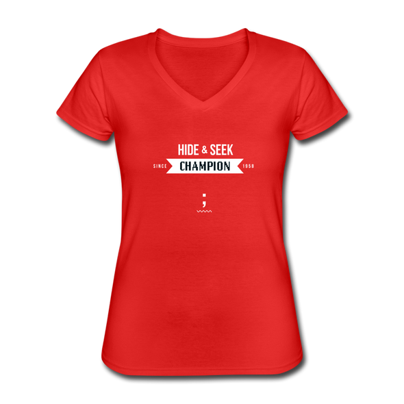 Frauen-T-Shirt mit V-Ausschnitt: Hide & Seek Champion since 1958 - Rot