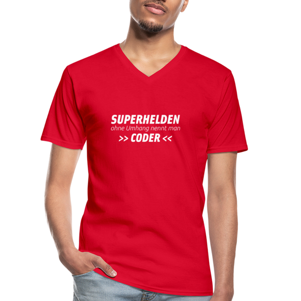 Männer-T-Shirt mit V-Ausschnitt: Superhelden ohne Umhang nennt man Coder - Rot