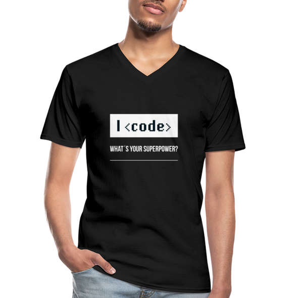 Männer-T-Shirt mit V-Ausschnitt: I code – what’s your superpower? - Schwarz