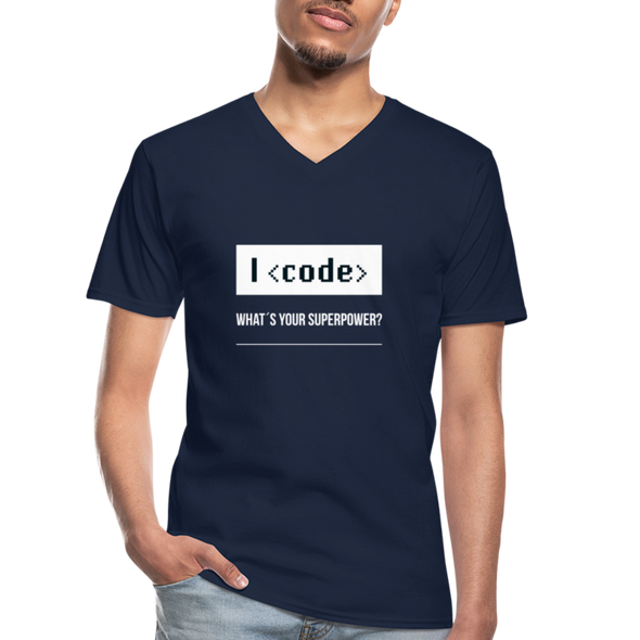 Männer-T-Shirt mit V-Ausschnitt: I code – what’s your superpower? - Navy