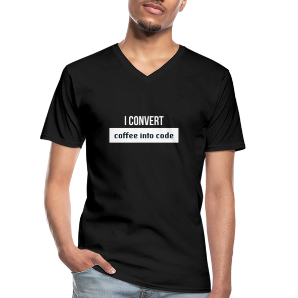 Männer-T-Shirt mit V-Ausschnitt: I convert coffee into code - Schwarz