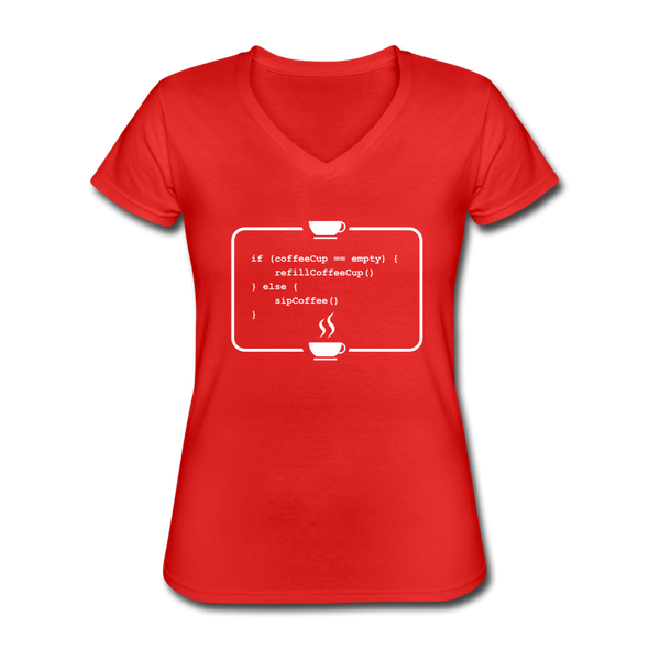 Frauen-T-Shirt mit V-Ausschnitt: Kein Code ohne Kaffee - Rot