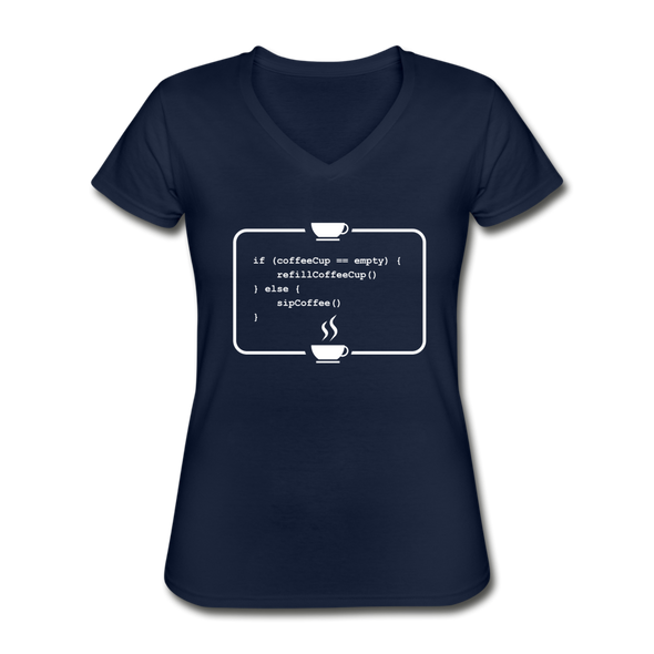 Frauen-T-Shirt mit V-Ausschnitt: Kein Code ohne Kaffee - Navy