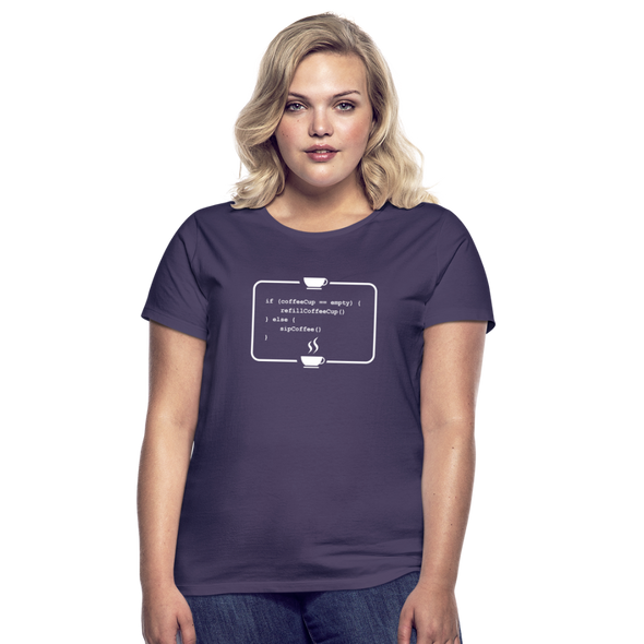 Frauen T-Shirt: Kein Code ohne Kaffee - Dunkellila