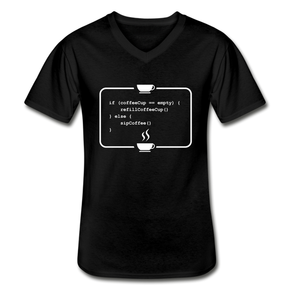 Männer-T-Shirt mit V-Ausschnitt: Kein Code ohne Kaffee - Schwarz
