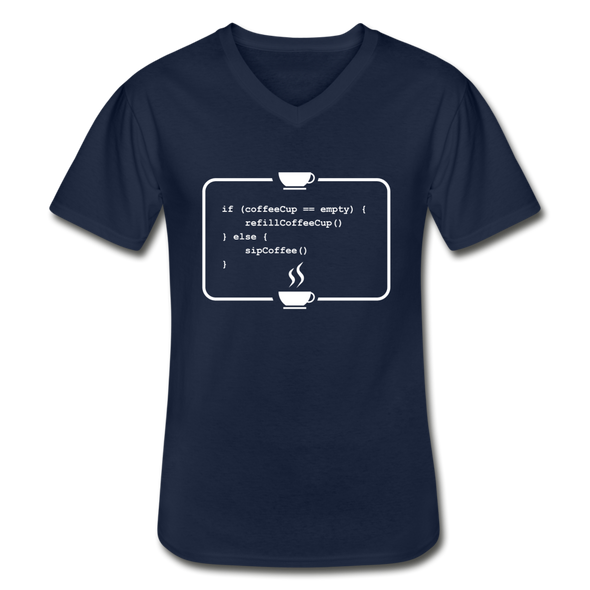Männer-T-Shirt mit V-Ausschnitt: Kein Code ohne Kaffee - Navy
