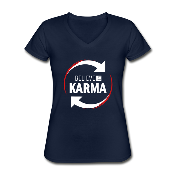 Frauen-T-Shirt mit V-Ausschnitt: Believe in Karma - Navy