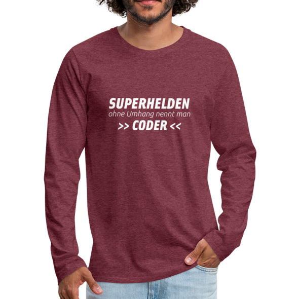 Männer Premium Langarmshirt: Superhelden ohne Umhang nennt man Coder - Bordeauxrot meliert