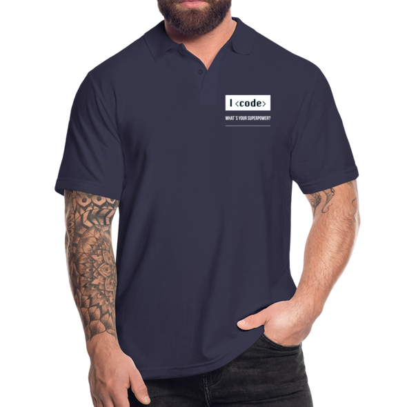 Männer Poloshirt: I code – what’s your superpower? - Navy
