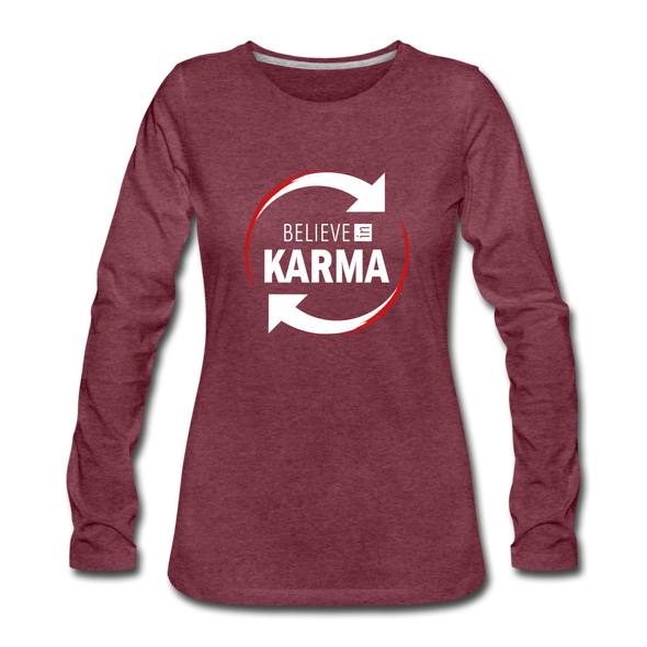 Frauen Premium Langarmshirt: Believe in Karma - Bordeauxrot meliert