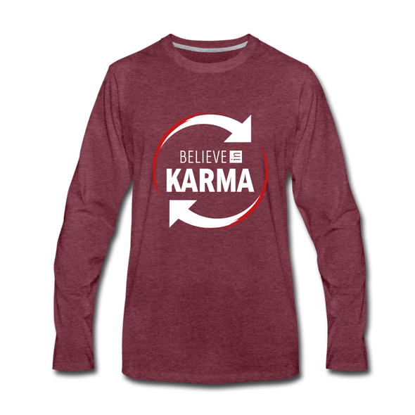 Männer Premium Langarmshirt: Believe in Karma - Bordeauxrot meliert