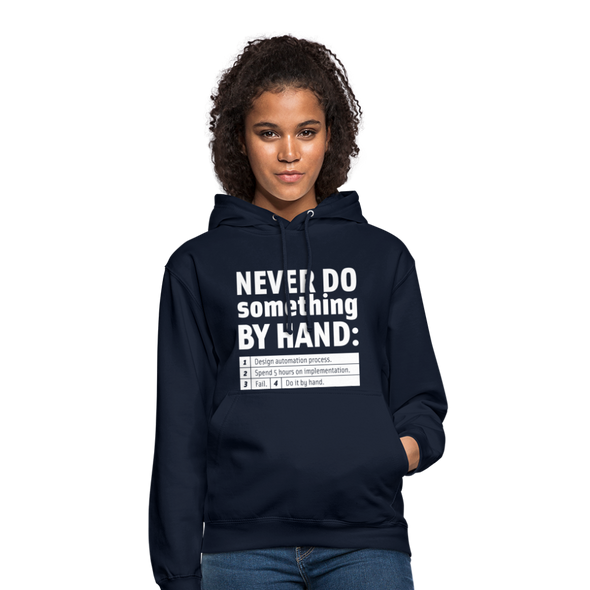 Unisex Hoodie: Never do something by hand. - Navy
