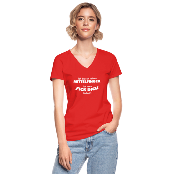 Frauen-T-Shirt mit V-Ausschnitt: Ich brauch keinen Mittelfinger. Ich kann „Fick Dich“ lächeln. - Rot