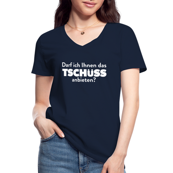 Frauen-T-Shirt mit V-Ausschnitt: Darf ich Ihnen das Tschüss anbieten? - Navy