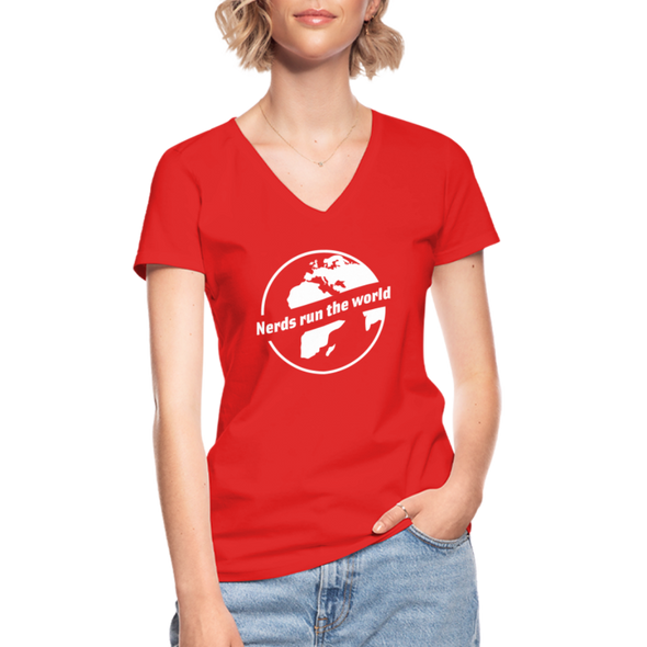 Frauen-T-Shirt mit V-Ausschnitt: Nerds run the world. - Rot