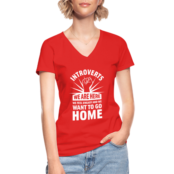 Frauen-T-Shirt mit V-Ausschnitt: Nerd, Text, lustige Sprüche, nerdy, introvert, Introverts we want to go home - Rot
