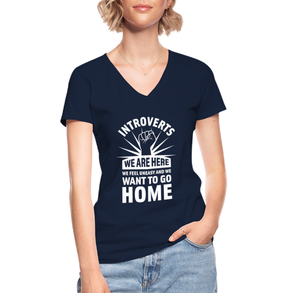 Frauen-T-Shirt mit V-Ausschnitt: Nerd, Text, lustige Sprüche, nerdy, introvert, Introverts we want to go home - Navy
