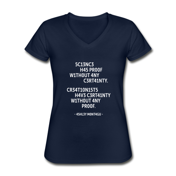 Frauen-T-Shirt mit V-Ausschnitt: Science has proof without any certainty … - Navy