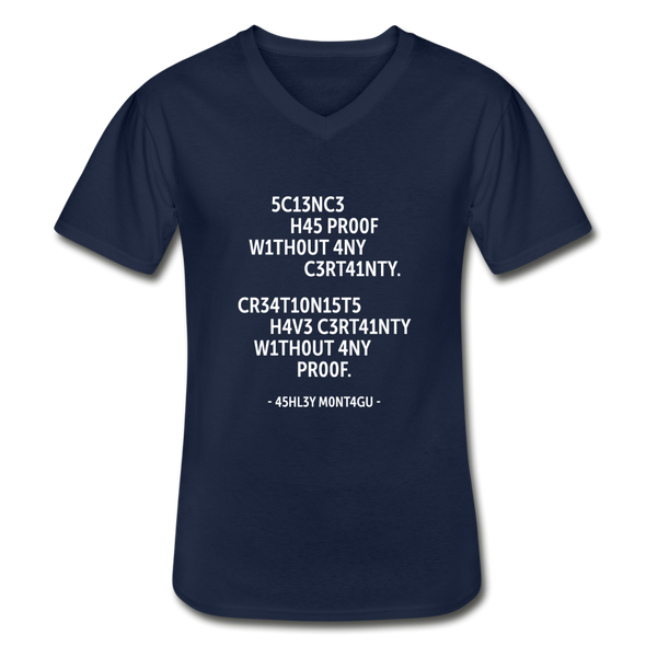 Männer-T-Shirt mit V-Ausschnitt: Science has proof without any certainty … - Navy