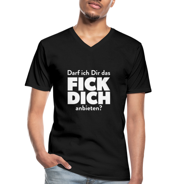 Männer-T-Shirt mit V-Ausschnitt: Darf ich Dir das Fick Dich anbieten? - Schwarz