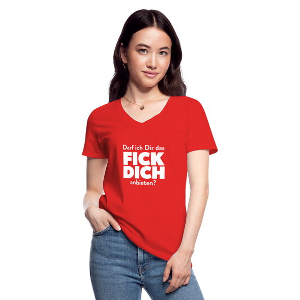 Frauen-T-Shirt mit V-Ausschnitt: Darf ich Dir das Fick Dich anbieten? - Rot