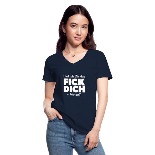 Frauen-T-Shirt mit V-Ausschnitt: Darf ich Dir das Fick Dich anbieten? - Navy
