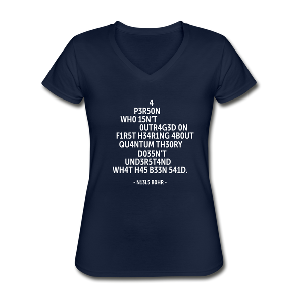 Frauen-T-Shirt mit V-Ausschnitt: A person who isn’t outraged on first hearing about … - Navy