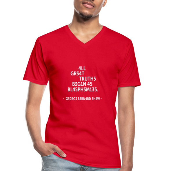 Männer-T-Shirt mit V-Ausschnitt: All great truths begin as blasphemies. - Rot