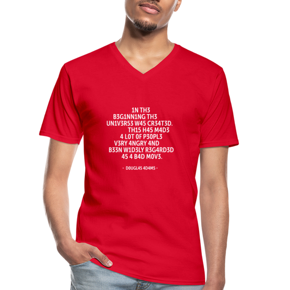 Männer-T-Shirt mit V-Ausschnitt: In the beginning the Universe was created … - Rot