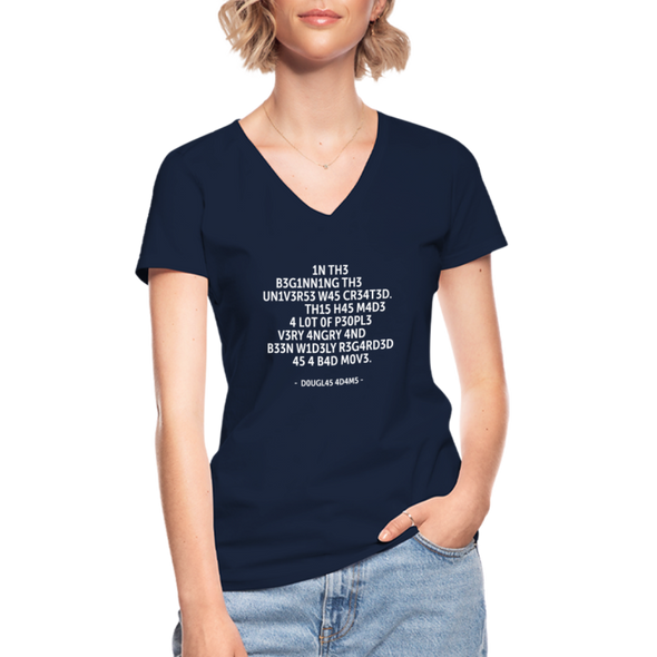 Frauen-T-Shirt mit V-Ausschnitt: In the beginning the Universe was created … - Navy