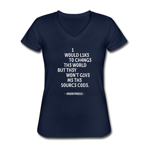 Frauen-T-Shirt mit V-Ausschnitt: I would like to change the world but they … - Navy