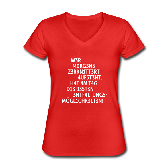 Frauen-T-Shirt mit V-Ausschnitt: Wer morgens zerknittert aufsteht, hat … - Rot