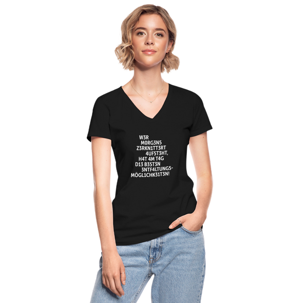 Frauen-T-Shirt mit V-Ausschnitt: Wer morgens zerknittert aufsteht, hat … - Schwarz