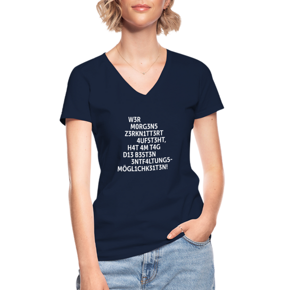 Frauen-T-Shirt mit V-Ausschnitt: Wer morgens zerknittert aufsteht, hat … - Navy