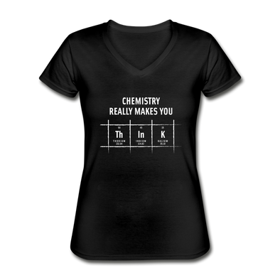 Frauen-T-Shirt mit V-Ausschnitt: Chemistry really makes you think - Schwarz