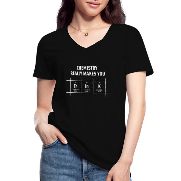 Frauen-T-Shirt mit V-Ausschnitt: Chemistry really makes you think - Schwarz