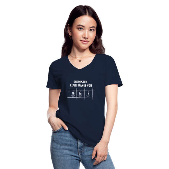 Frauen-T-Shirt mit V-Ausschnitt: Chemistry really makes you think - Navy