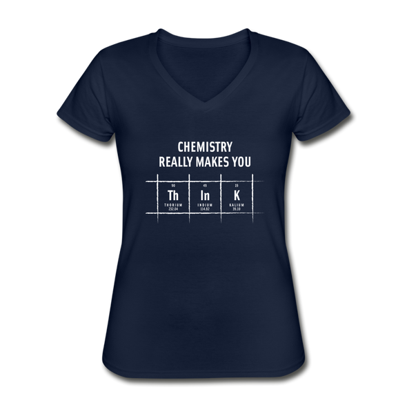 Frauen-T-Shirt mit V-Ausschnitt: Chemistry really makes you think - Navy