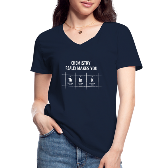 Frauen-T-Shirt mit V-Ausschnitt: Chemistry really makes you think - Navy