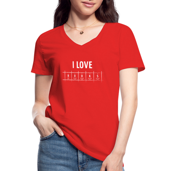 Frauen-T-Shirt mit V-Ausschnitt: I love books - Rot