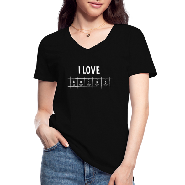 Frauen-T-Shirt mit V-Ausschnitt: I love books - Schwarz