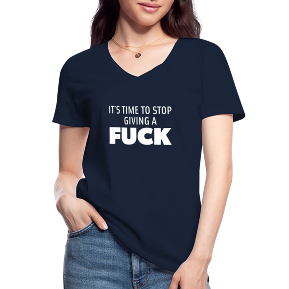Frauen-T-Shirt mit V-Ausschnitt: It’s time to stop giving a fuck. - Navy