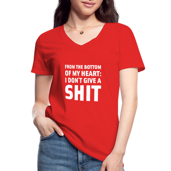 Frauen-T-Shirt mit V-Ausschnitt: From the bottom of my heart: I don’t give a shit. - Rot