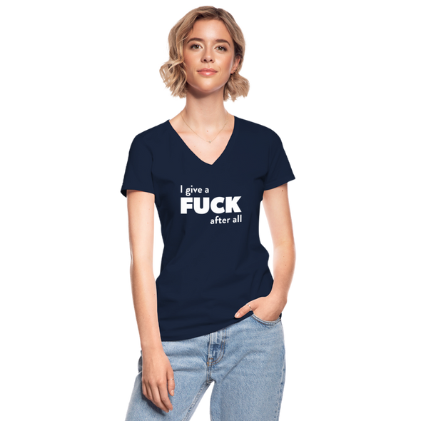 Frauen-T-Shirt mit V-Ausschnitt: I give a fuck after all. - Navy